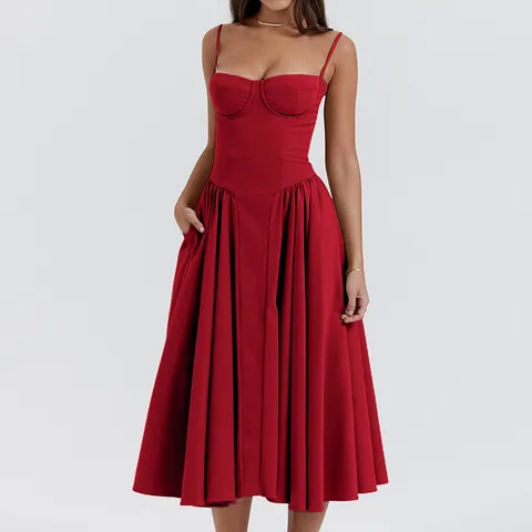 French Retro Elegant Cami Dress Women Corset Bodice Pleated A-Line Maxi Dress Sleeveless Vintage Summer Vacation Party Dress