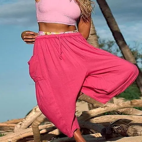 Femme Décontracté Coupe Large Bottom Polyester Élasthanne Taille Élastique Cordon Poches Pantalon Droit Vacances Plage