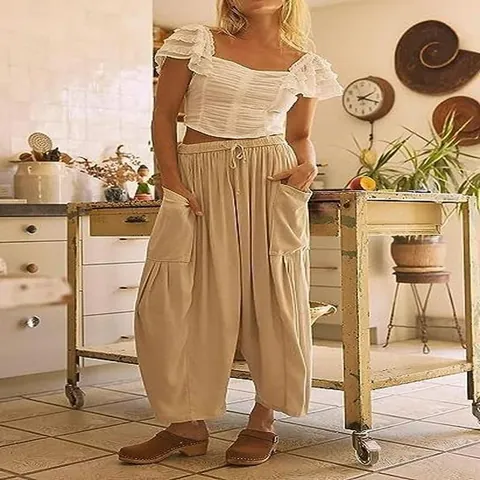 Femme Décontracté Coupe Large Bottom Polyester Élasthanne Taille Élastique Cordon Poches Pantalon Droit Vacances Plage