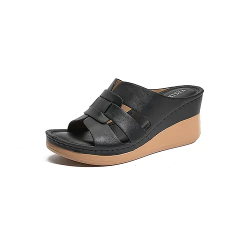 Sandales Compensées pour Femmes Mules en Cuir PU Confortables Brides en H Chaussures de Maman Bohème Décontractées Plateforme