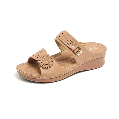 Sandales Compensées Vintage pour Femmes Décoration de Fleurs 3D Cuir PU Sabots Confortables à Plateforme Antidérapants Respirants Chaussons de Plage Décontractés