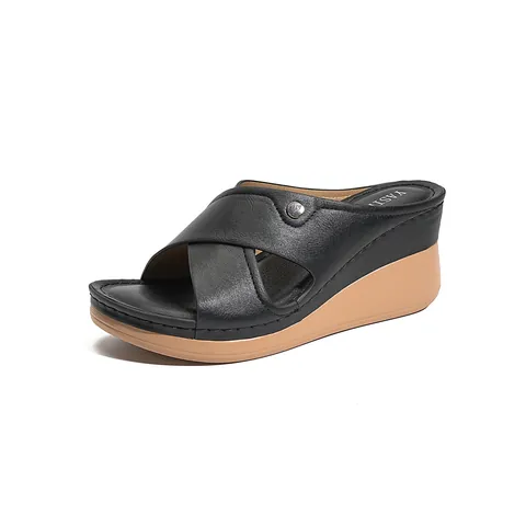 Sandales à Talons Compensés pour Femmes Style Européen Cuir PU Claquettes à Sangles Croisées Chaussures de Plage Décontractées à Plateforme