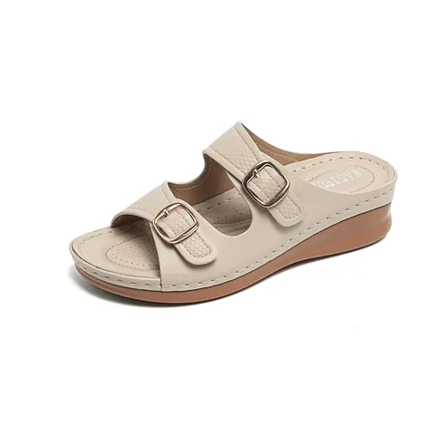 Sandales Compensées pour Femmes Bohème Microfibre Texture Litchi Double Boucle Peep Toe Platform Slides Sandales de Plage d'Été