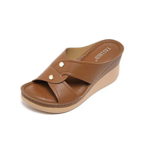 Sandales Compensées pour Femmes Plateforme Slides Boucle Métallique Cuir Microfibre Été Décontracté Confortable Bout Ouvert