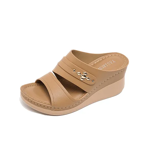 Pantoufles Compensées pour Femmes en Cuir PU à Double Bride avec Boucle en Métal Doré Claquettes de Plage Bohèmes Chaussures d'Été Confortables