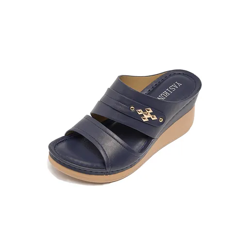 Pantoufles Compensées pour Femmes en Cuir PU à Double Bride avec Boucle en Métal Doré Claquettes de Plage Bohèmes Chaussures d'Été Confortables