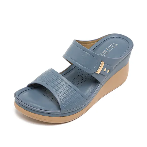 Sandales Compensées Femme Pantoufles à Plateau Bout Ouvert en Cuir PU Claquettes Avec Surpiqûres Boucle Métallique Chaussures de Plage