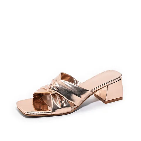 Mules à Bout Carré et Talon Bloc pour Femmes en Cuir Verni avec Nœud Torsadé Sandales à la Mode Métallique Été Élégant