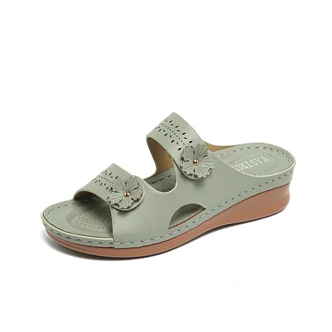 Women Wedge Sandals Comfortable Synthetic Leather Slippers With Laser Cut Flower Decoration Casual Beach Platform Shoes