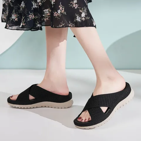 Women Fly-knit Sports Sandals Wedge Thick Sole Hollow Cross Strap Casual Beach Slides Fashion Breathable Outdoor Shoes