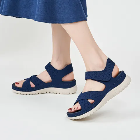 Women Casual Sporty Sandals Breathable Flyknit Hollow Out Thick Sole Hook And Loop Walking Shoes Outdoor Summer Beach Sandals
