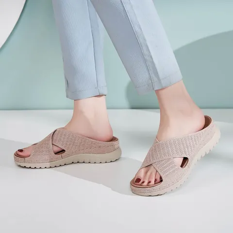 Women Fly-knit Sports Sandals Wedge Thick Sole Hollow Cross Strap Casual Beach Slides Fashion Breathable Outdoor Shoes