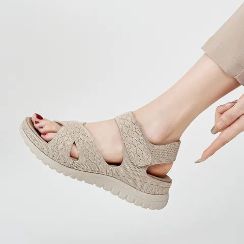 Women Casual Sporty Sandals Breathable Flyknit Hollow Out Thick Sole Hook And Loop Walking Shoes Outdoor Summer Beach Sandals