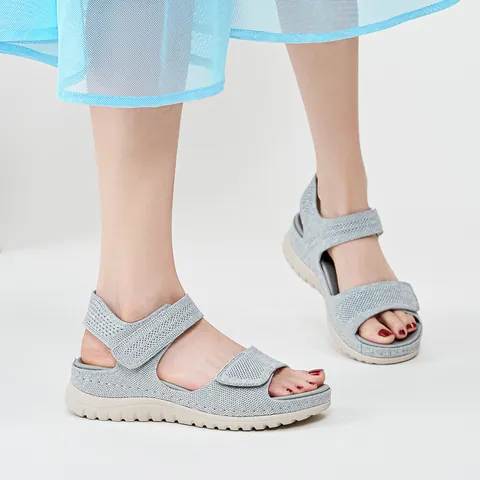 Women Sporty Casual Platform Sandals Knitted Mesh Breathable Beach Shoes With Adjustable Hook And Loop Straps Comfortable Wedge Sandals