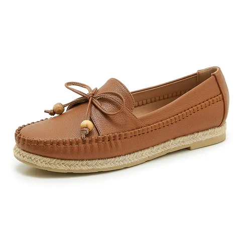 Women's Casual PU Leather Loafers Retro Soft Sole Flats With Bow And Wood Beads Non-slip Breathable Moccasins Comfort Shoes