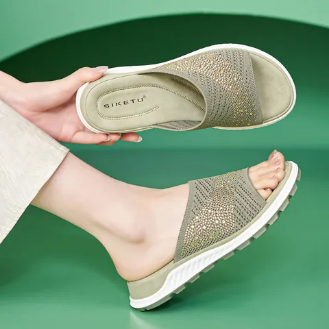 Women's Fly-knit Rhinestone Slides Breathable Flat Sandals Lightweight Slip-on Summer Shoes For Casual Walking Beach Outdoor