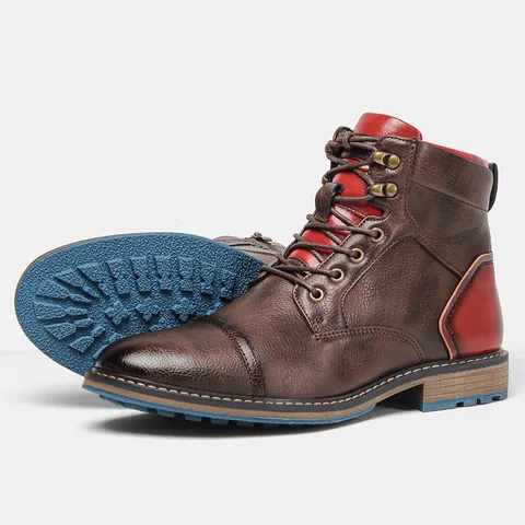 Men Vintage Distressed Work Boots PU Leather Side Zipper Front Lace-up Martin Boots Non-slip Blue Rubber Sole Casual Boots