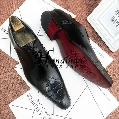 Men Formal Business Leather Shoes First Layer Cowhide Crocodile Embossed Pointed Toe British Style Oxford Dress Shoes Red Sole