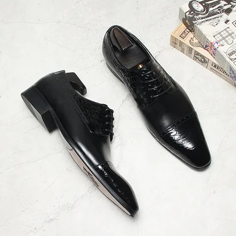 Men Business Formal Oxford Shoes Genuine First Layer Cowhide Leather Lace Up Brogue Wedding Dress Shoes Black Brownish Red