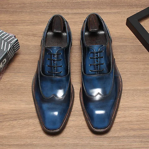 Men's Cowhide Leather Dress Shoes Small Square Toe British Hand-Painted Patina Wingtip Brogue Oxford Business Wedding Shoes