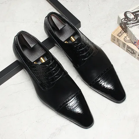 Men Business Formal Oxford Shoes Genuine First Layer Cowhide Leather Lace Up Brogue Wedding Dress Shoes Black Brownish Red