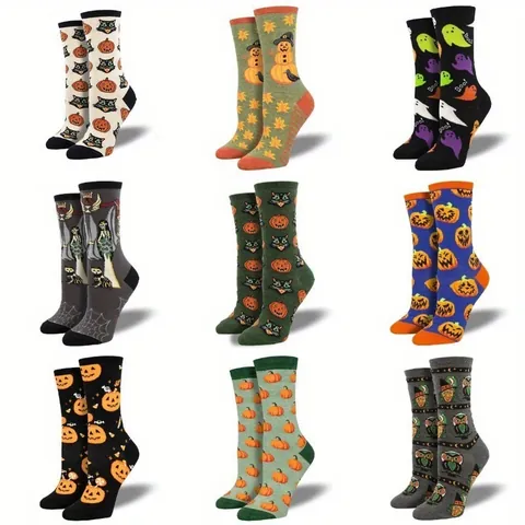 1 Pair Halloween Creative Funny Pumpkin Ghost Witch Jacquard Socks Unisex Cotton Knitted Crew Socks For Men Women Novelty Holiday Socks