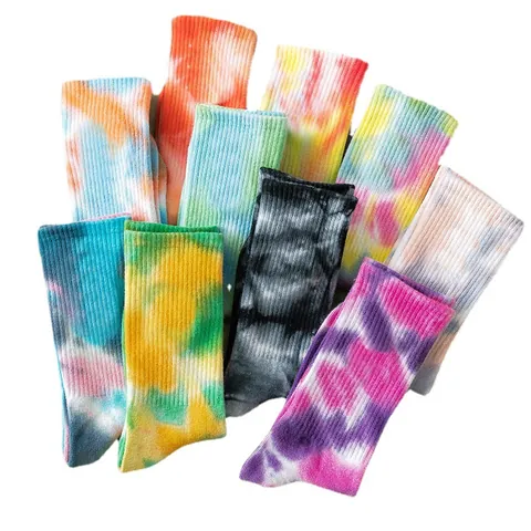 Streetwear Tie Dye Crew Socks For Men Women Unisex Cotton Ribbed Athletic Sport Socks Skateboard Hip Hop Tie-Dyed Mid Tube Socks