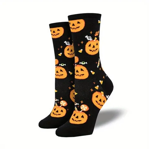 1 Pair Halloween Creative Funny Pumpkin Ghost Witch Jacquard Socks Unisex Cotton Knitted Crew Socks For Men Women Novelty Holiday Socks