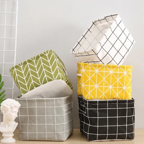 Printed Cotton Linen Storage Basket With Handles Foldable Desk Organizer Cloth Bin For Closet Small Items Clothes Home Storage
