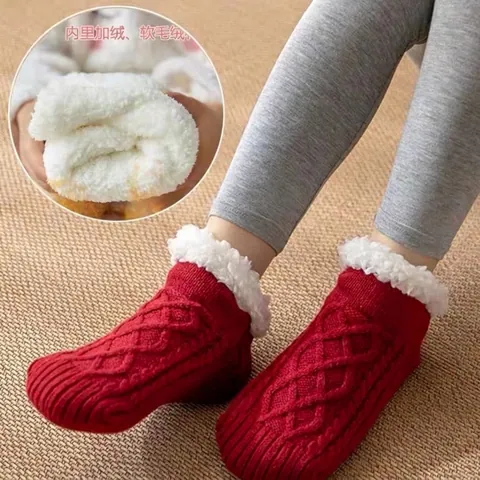 Cable Knit Sherpa Lined Slipper Socks Winter Warm Indoor Floor Socks Anti-Slip Fleece Lined House Socks For Men Women