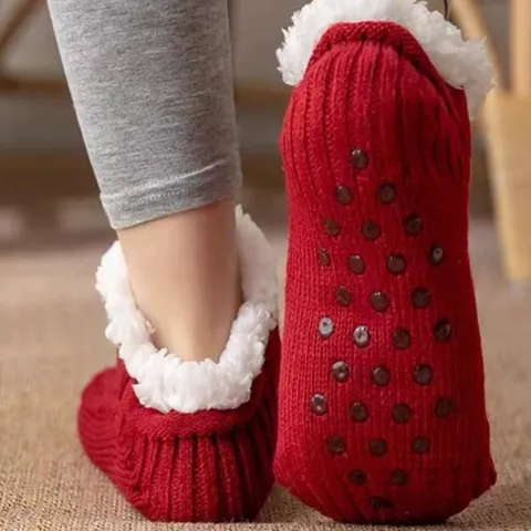 Cable Knit Sherpa Lined Slipper Socks Winter Warm Indoor Floor Socks Anti-Slip Fleece Lined House Socks For Men Women