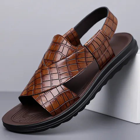 Men's Crocodile Pattern Summer Sandals Large Size Breathable Beach Shoes Non-slip Thick Sole Cross Strap Casual Outdoor Shoes