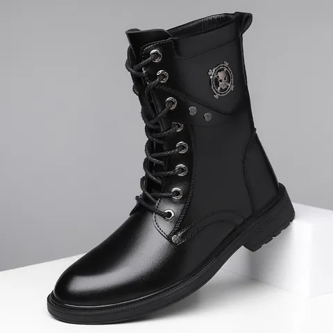Bottes Martin Moto pour Hommes Punk Rétro Cloutées Tête de Mort Bottes en Cuir Antidérapantes Mi-mollet Grande Taille