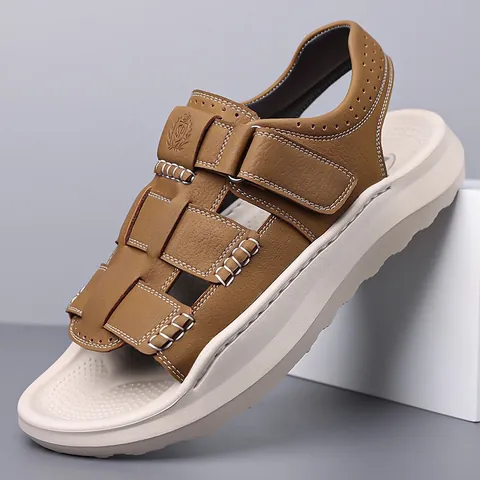 Sandales en Cuir Décontractées pour Hommes Bout Ouvert Chaussures de Plage Respirantes Bande Auto-Agrippante Sandales de Conduite Couleur Unie