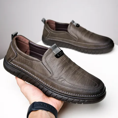 Zapatos de Cuero de Microfibra Casuales para Hombre Talla Grande Transpirables Mocasines Antideslizantes Zapatos de Moda para Hombre Caqui Negro