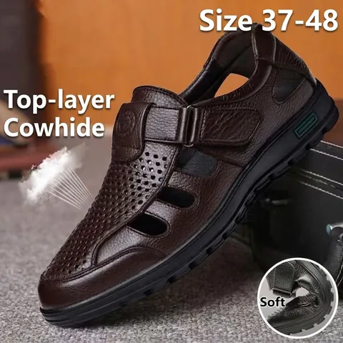 Men's First Layer Cowhide Hollow Out Sandals Breathable Anti-slip Casual Leather Shoes For Middle-aged Men Father Summer Beach Shoes