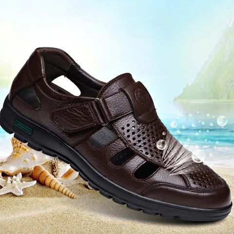 Men's First Layer Cowhide Hollow Out Sandals Breathable Anti-slip Casual Leather Shoes For Middle-aged Men Father Summer Beach Shoes