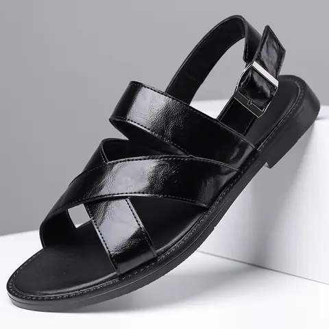 Sandalias Romanas para Hombre Zapatos de Playa Casuales de Microfibra Correa Cruzada Transpirables Calados Sandalias de Exterior Cierre de Hebilla Suela de Goma Antideslizante