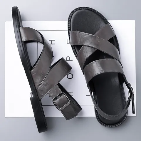 Men's Summer Sandals Outdoor Beach Shoes Lightweight Soft Sole Non-Slip Microfiber Leather Buckle Strap Casual Footwear