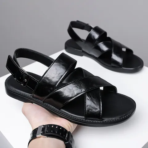 Men's Summer Sandals Outdoor Beach Shoes Lightweight Soft Sole Non-Slip Microfiber Leather Buckle Strap Casual Footwear