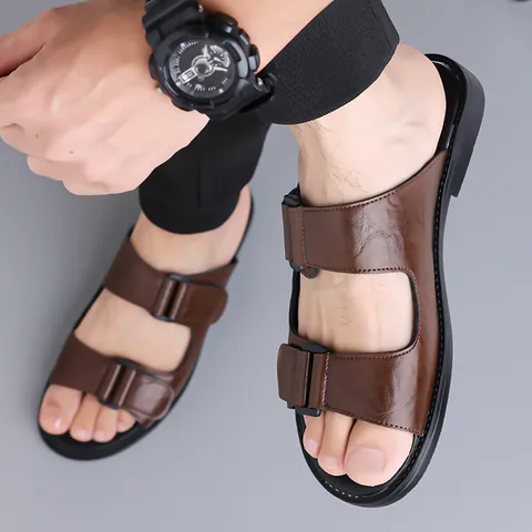 Men's Retro Casual Beach Sandals Double Buckle Strap Flat Slide Sandals Breathable Non-Slip Microfiber Leather Outdoor Slippers