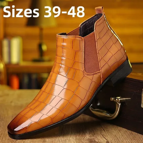 Men's Chelsea Boots Crocodile Embossed Split Leather Business Formal Slip-on Pointed Toe Waterproof Short Boots For Social