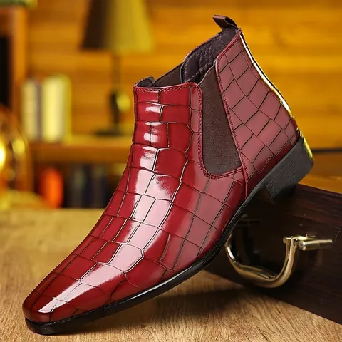 Men's Chelsea Boots Crocodile Embossed Split Leather Business Formal Slip-on Pointed Toe Waterproof Short Boots For Social