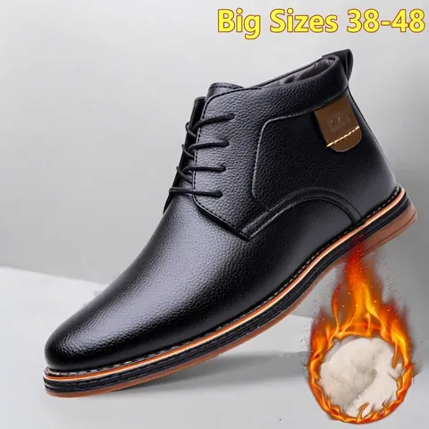 Men Business Casual High Top Microfiber Leather Shoes Winter Warm Shearling Lining Boots Plus Size Formal Lace-up Short Boots