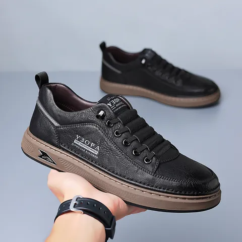 Men's Casual Leather Shoes Vintage Fashionable Breathable Board Sneakers Low Top Lace Up Flat Retro Shoes For Men
