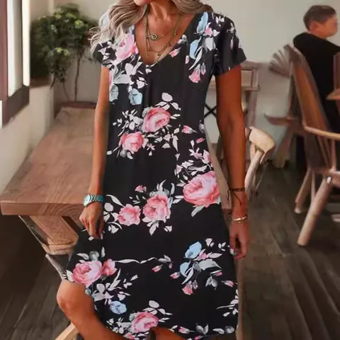 Women's V-Neck Short Sleeve Midi Dress 3D Floral Printed Casual Summer Dresses For Women Boho Beach Party Dress Polyester