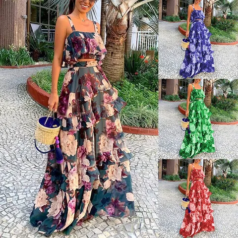 Women Vacation Style Floral Print Ruffle Camisole Top And Tiered Maxi Skirt Two Piece Top And Bottom Vacation Outfits