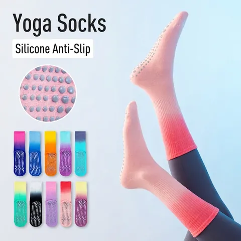 Women Professional Anti-slip Yoga Socks Gradient Color Mid-calf Pilates Socks With Silicone Grips Cotton Sport Fitness Socks