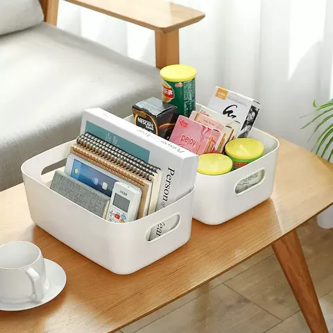 Modern Plastic Desktop Storage Box Minimalist Cosmetic Organizer With Handles Rectangular Sundries Basket For Home Kitchen Bathroom
