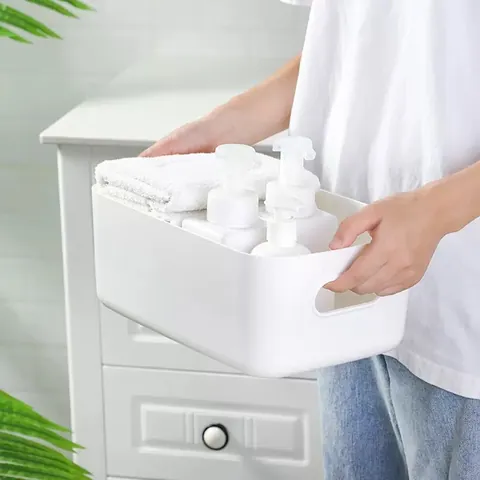 Modern Plastic Desktop Storage Box Minimalist Cosmetic Organizer With Handles Rectangular Sundries Basket For Home Kitchen Bathroom